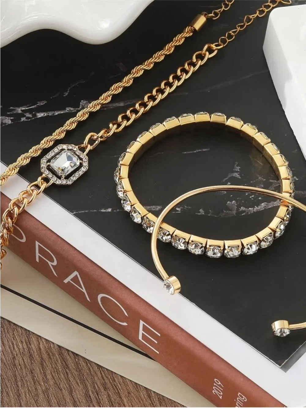 New 24k Gold Plated Crystal 4-Piece Bracelet Stack